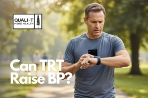 Middle aged man checking his blood pressure during a workout